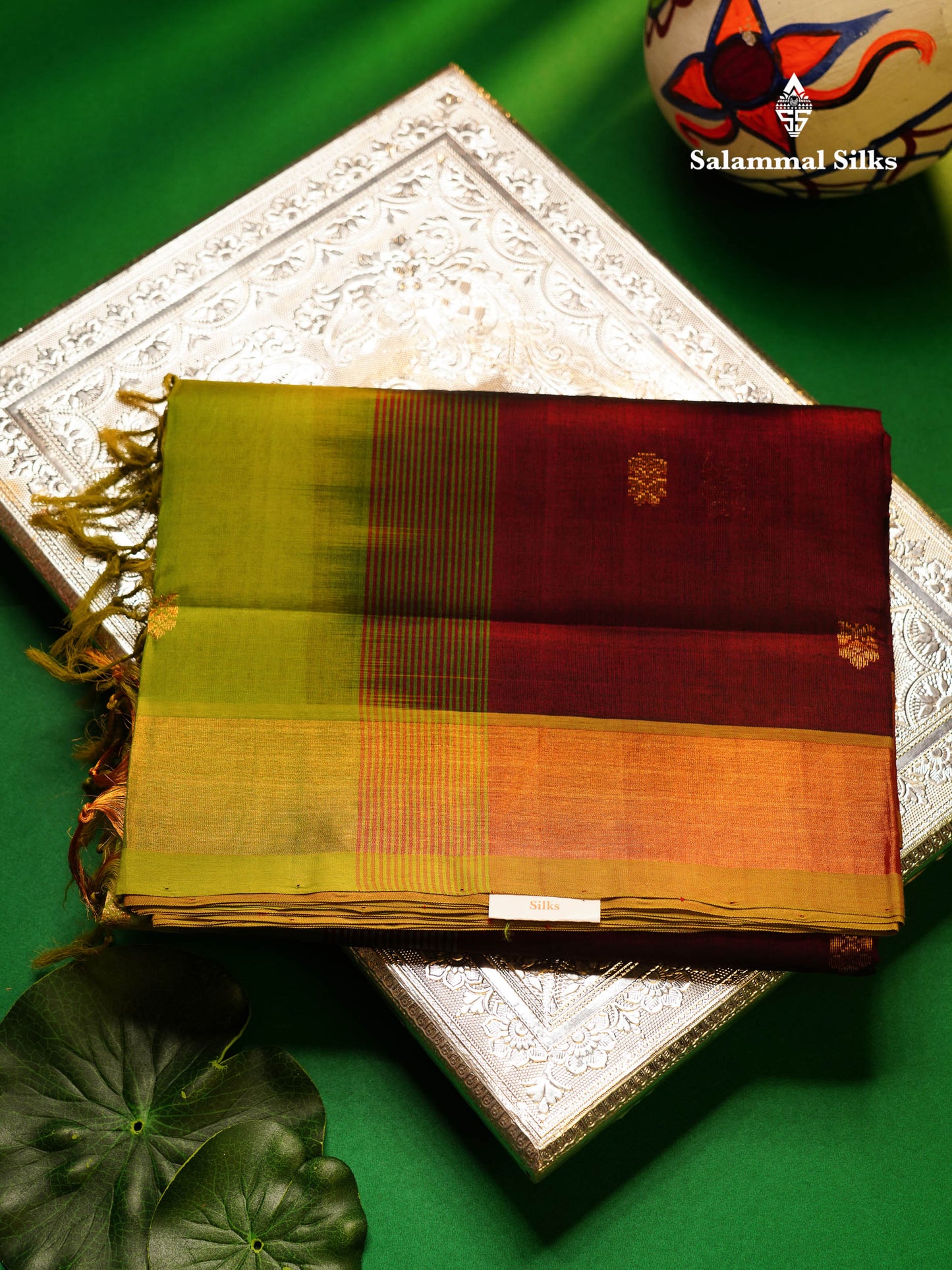 Dark Maroon Pure Silk Cotton Saree With Contrast Parrot Green Blouse