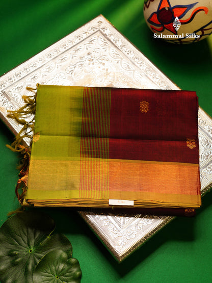 Dark Maroon Pure Silk Cotton Saree With Contrast Parrot Green Blouse
