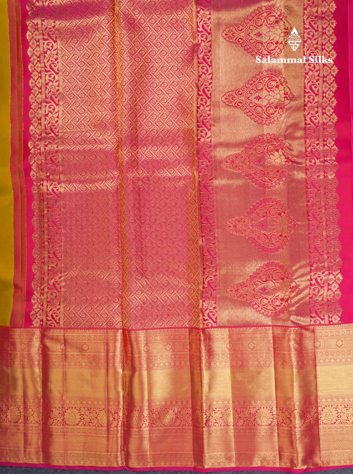Beautiful Manthulir Yellow Pure Kanjivaram Silk Saree With Contrast Pink Traditional Evening Morning Border