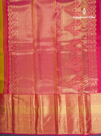 Beautiful Manthulir Yellow Pure Kanjivaram Silk Saree With Contrast Pink Traditional Evening Morning Border