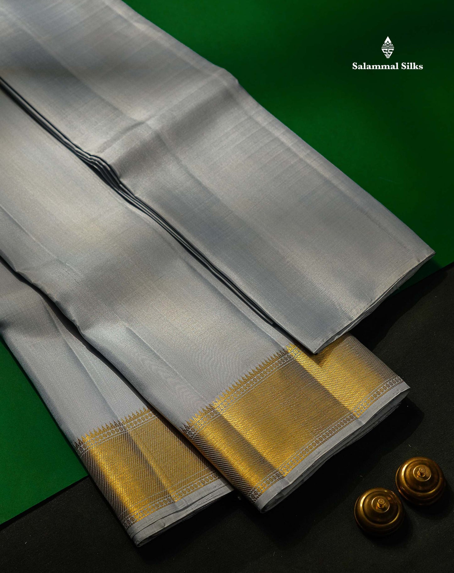 Pure Silk Dhoti With Shirt & Angavastram - Light Grey With Gold Zari Border | 8×4
