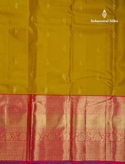 Beautiful Manthulir Yellow Pure Kanjivaram Silk Saree With Contrast Pink Traditional Evening Morning Border