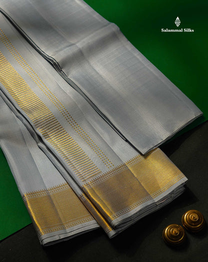 Pure Silk Dhoti With Shirt & Angavastram - Light Grey With Gold Zari Border | 8×4
