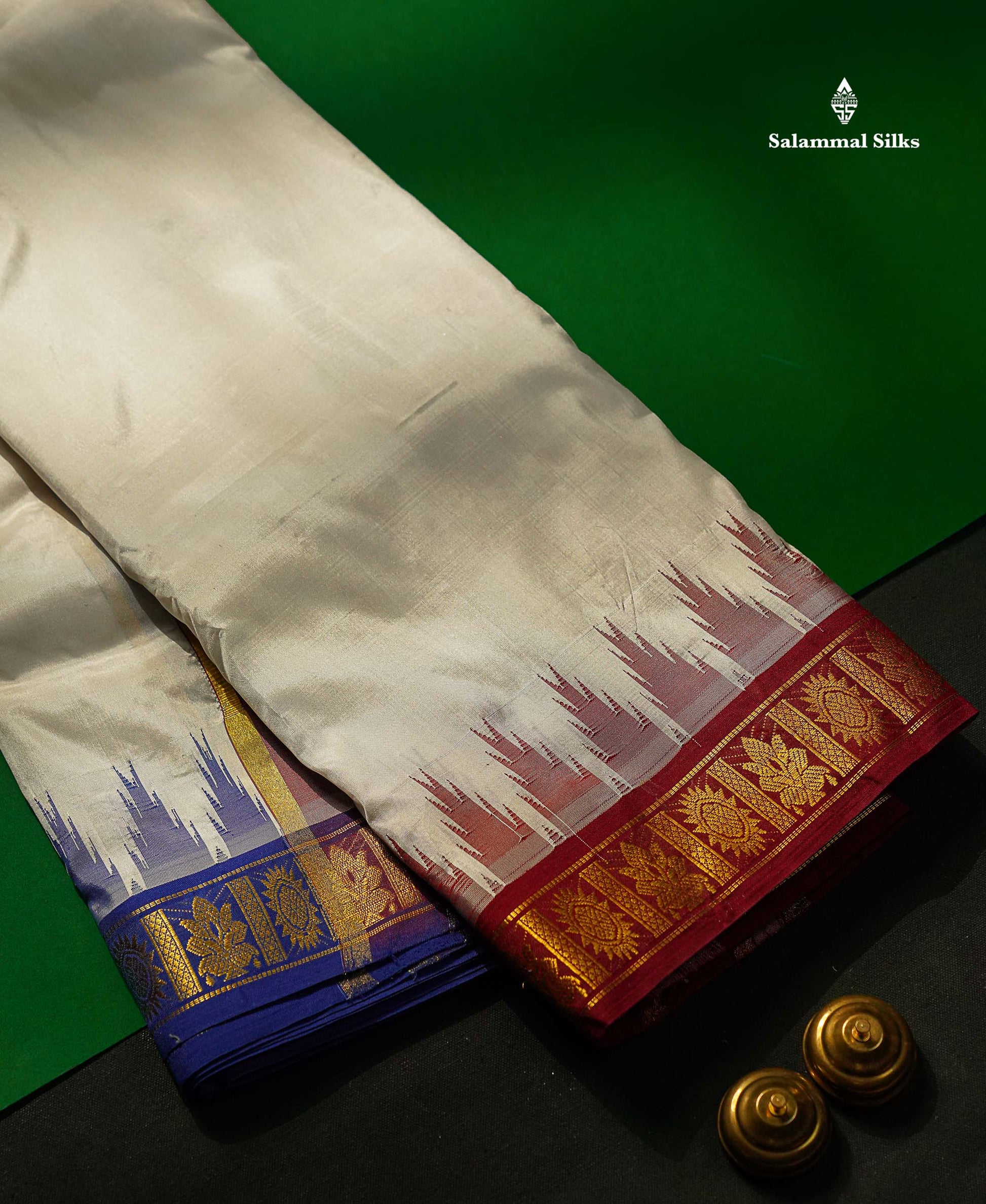 Pure Silk Dhoti With Angavastram - White With Traditional Ganga Jamuna Border | 9×5