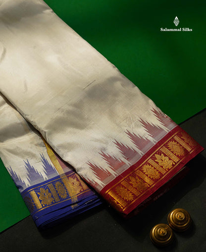 Pure Silk Dhoti With Angavastram - White With Traditional Ganga Jamuna Border | 9×5
