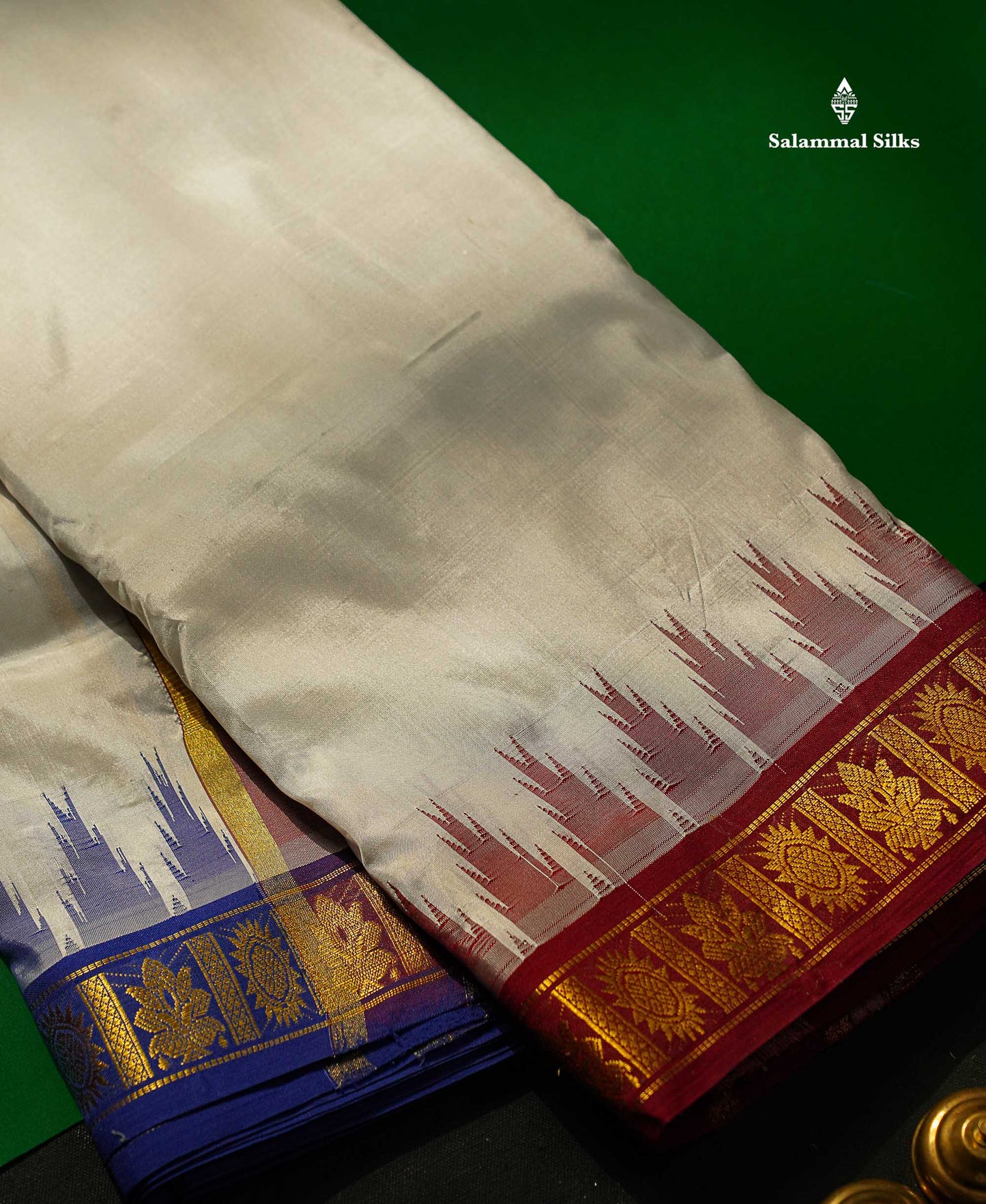 Pure Silk Dhoti With Angavastram - White With Traditional Ganga Jamuna Border | 9×5