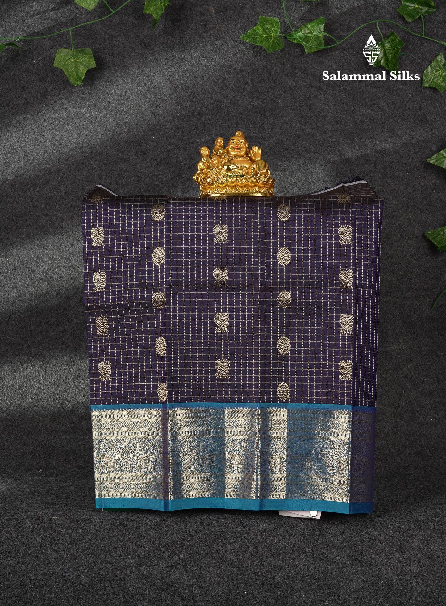 Beautiful Zari Checks With Annam And Chakaram Butta Pure Silk Pattu Pavadai (Sapphire Green) With Contrast Violet Traditional Blouse 18"