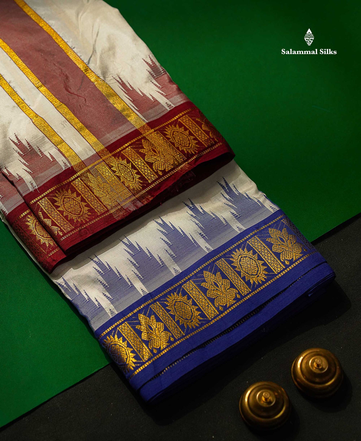Pure Silk Dhoti With Angavastram - White With Traditional Ganga Jamuna Border | 9×5