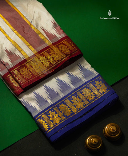 Pure Silk Dhoti With Angavastram - White With Traditional Ganga Jamuna Border | 9×5