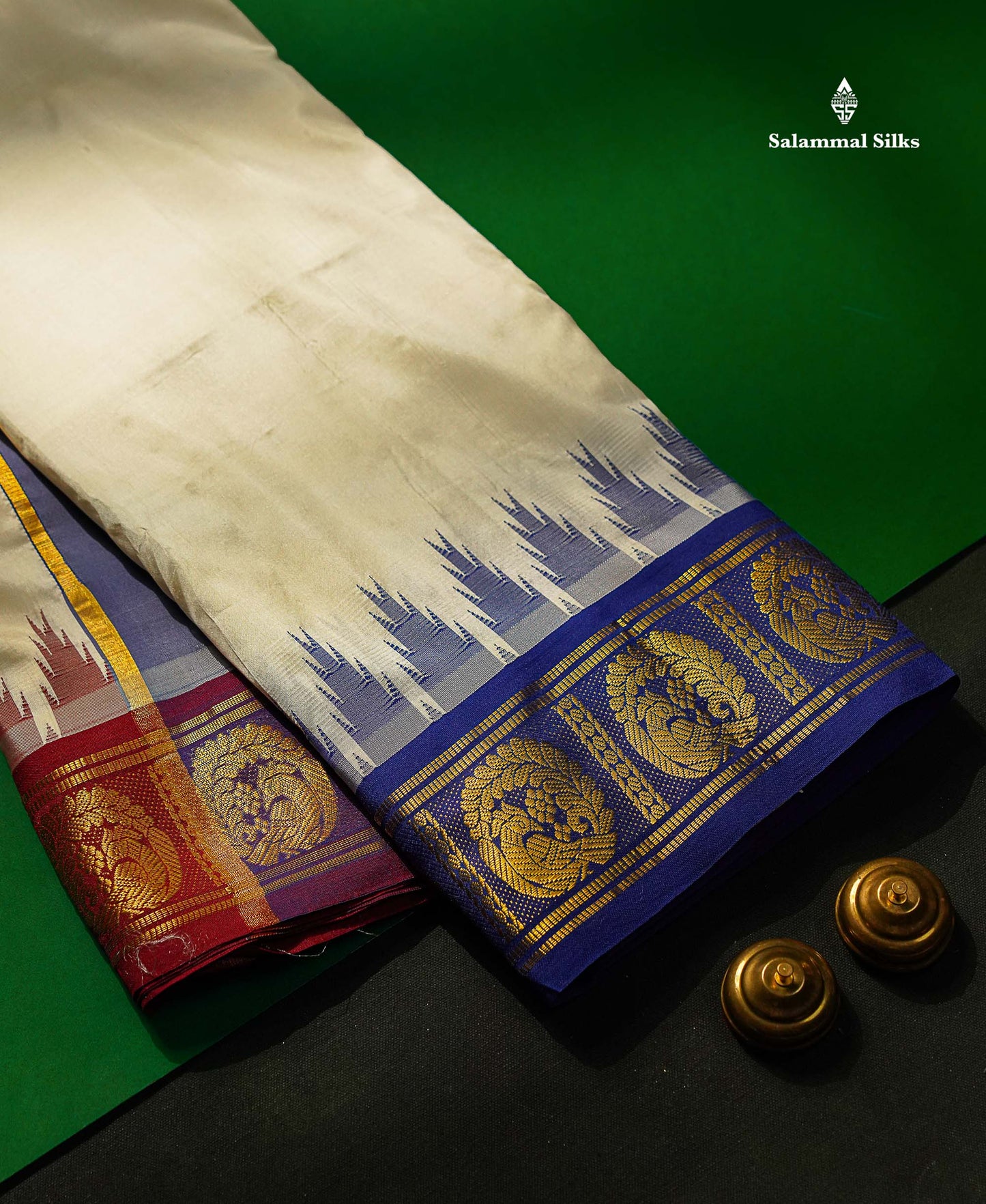 Pure Silk Dhoti With Angavastram - White With Traditional Ganga Jamuna Border | 9×5 