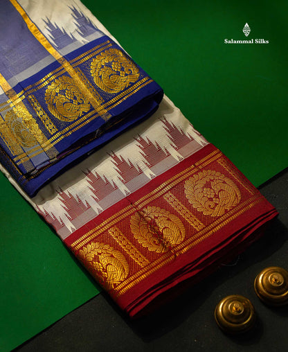 Pure Silk Dhoti With Angavastram - White With Traditional Ganga Jamuna Border | 9×5