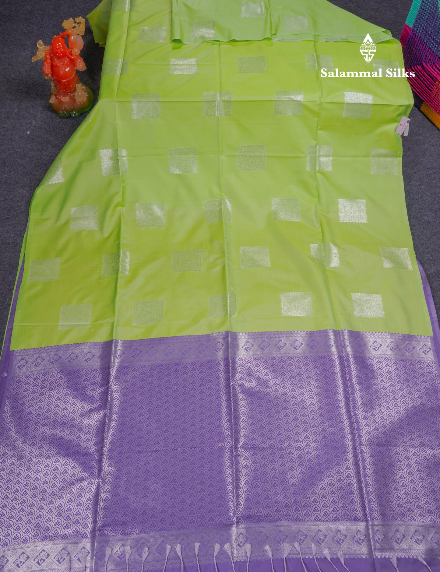 Beautiful Parrot Green Semi Soft Silk Saree With Contrast Lavender Blouse