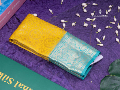 Semi Silk Pattu Pavadai  (Yellow) with Sapphire Green Colour Blouse 18"