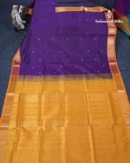Dark Purple Pure Silk Cotton Saree With Contrast Mustard Yellow Blouse