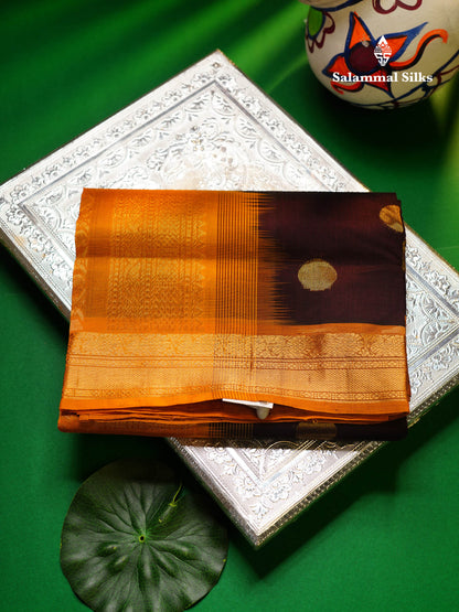 Beautiful Dark Brown Zari Butta Semi Silk Cotton Saree With Contrast Mustard Yellow Traditional Border
