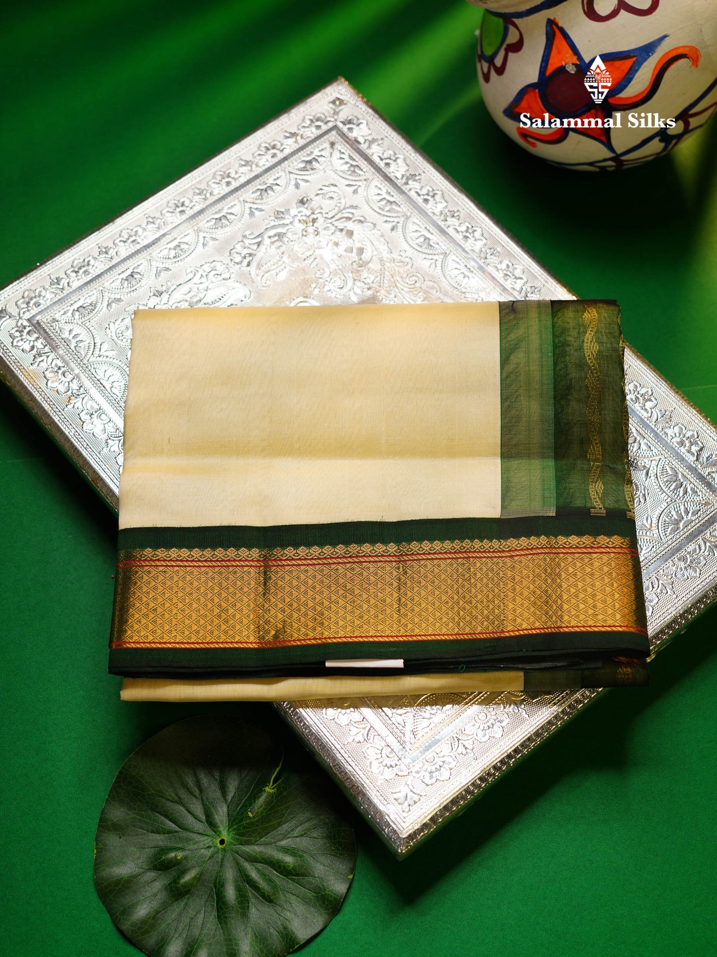 Beautiful Half White Plain Pure Silk Cotton Saree With Contrast Bottle Green Traditional Border