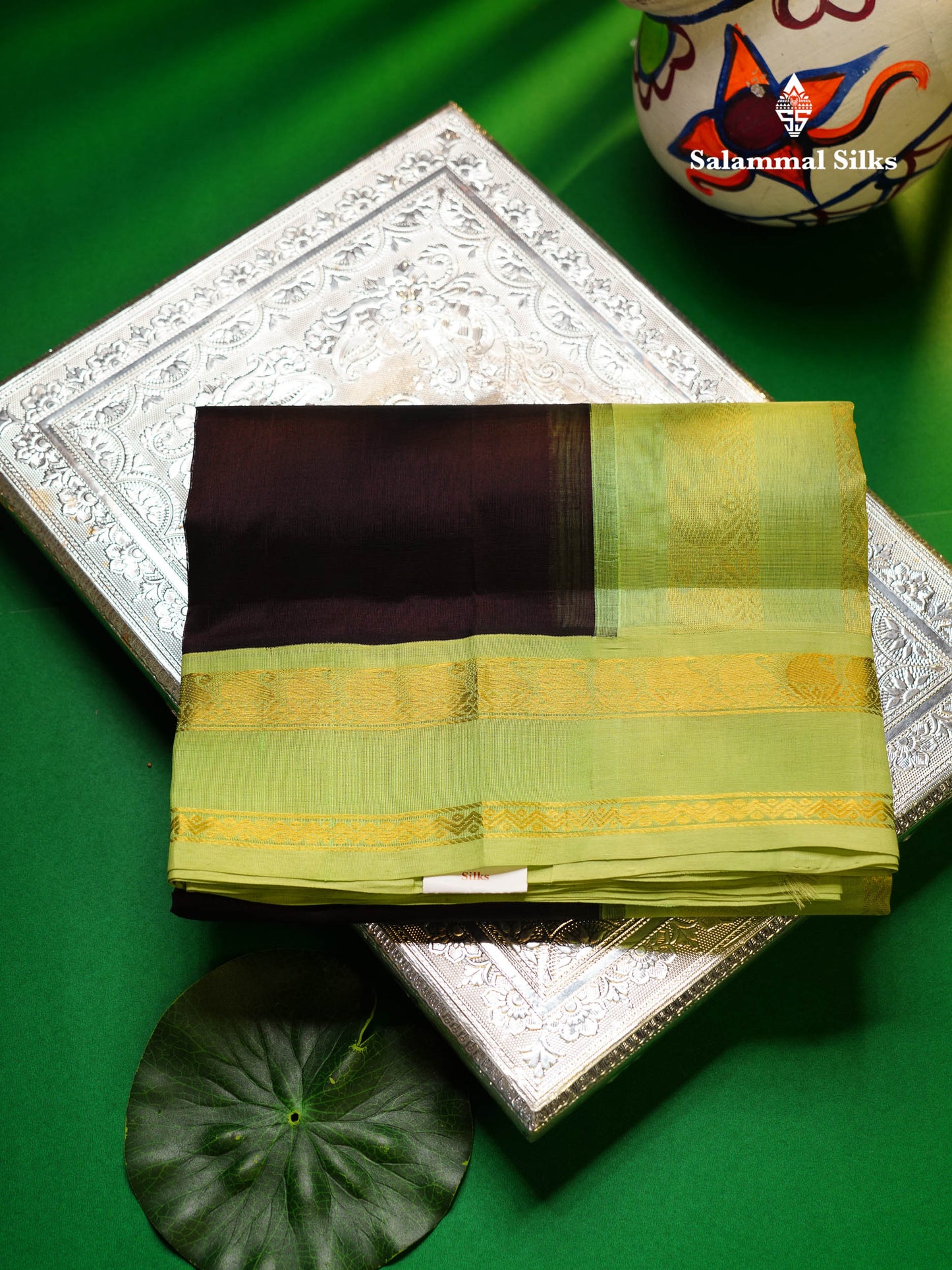 Beautiful Dark Brown Plain Pure Silk Cotton Saree With Contrast Pista Green Traditional Gap Border