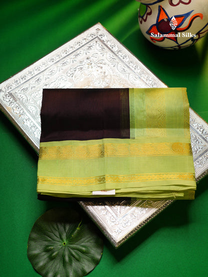 Beautiful Dark Brown Plain Pure Silk Cotton Saree With Contrast Pista Green Traditional Gap Border