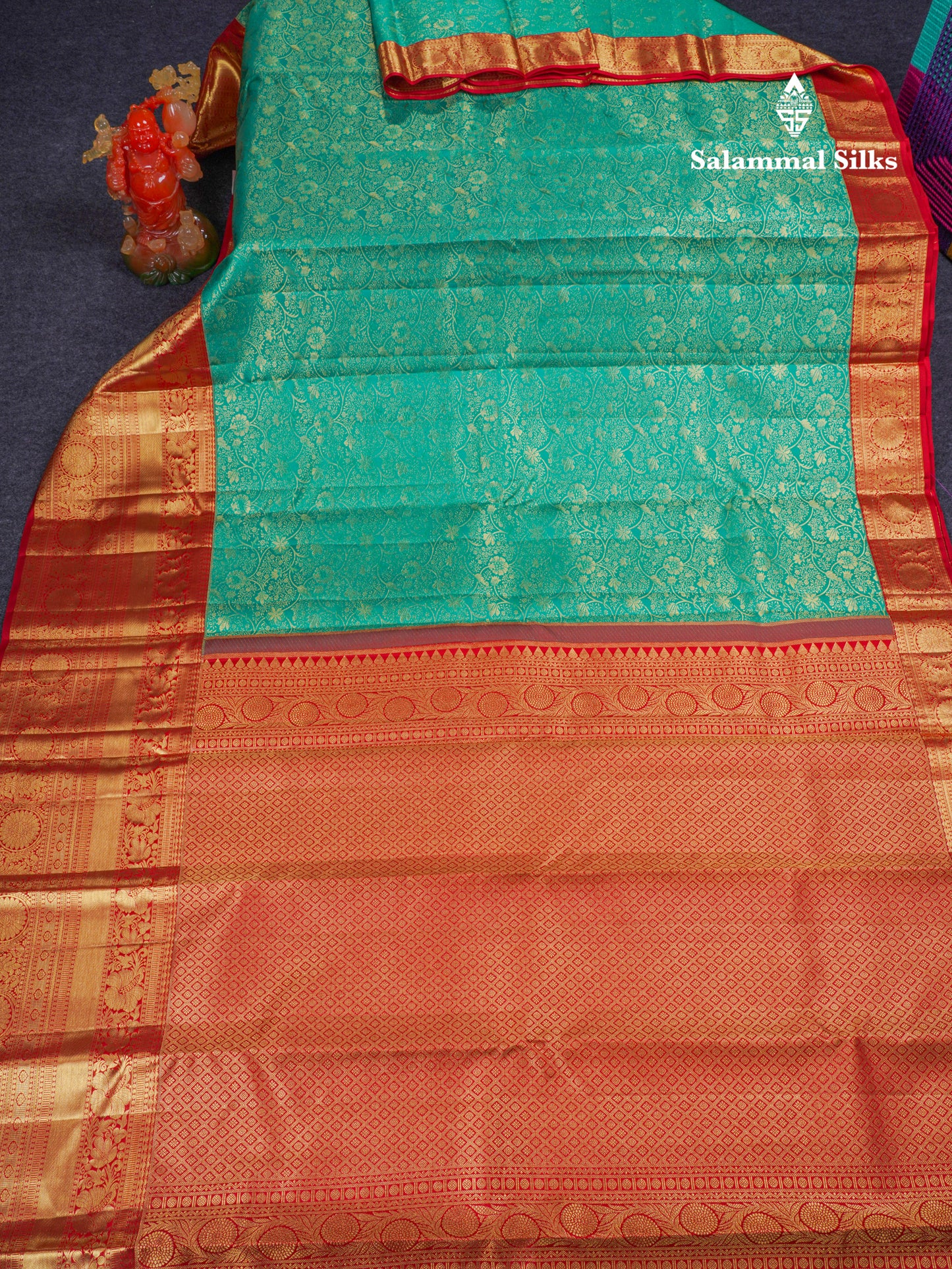 Beautiful Sapphire Green Bridal Pure Kanjivaram Silk Saree With Contrast Chilly Red Traditional Evening Morning Border
