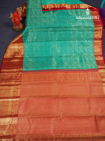 Beautiful Sapphire Green Bridal Pure Kanjivaram Silk Saree With Contrast Chilly Red Traditional Evening Morning Border