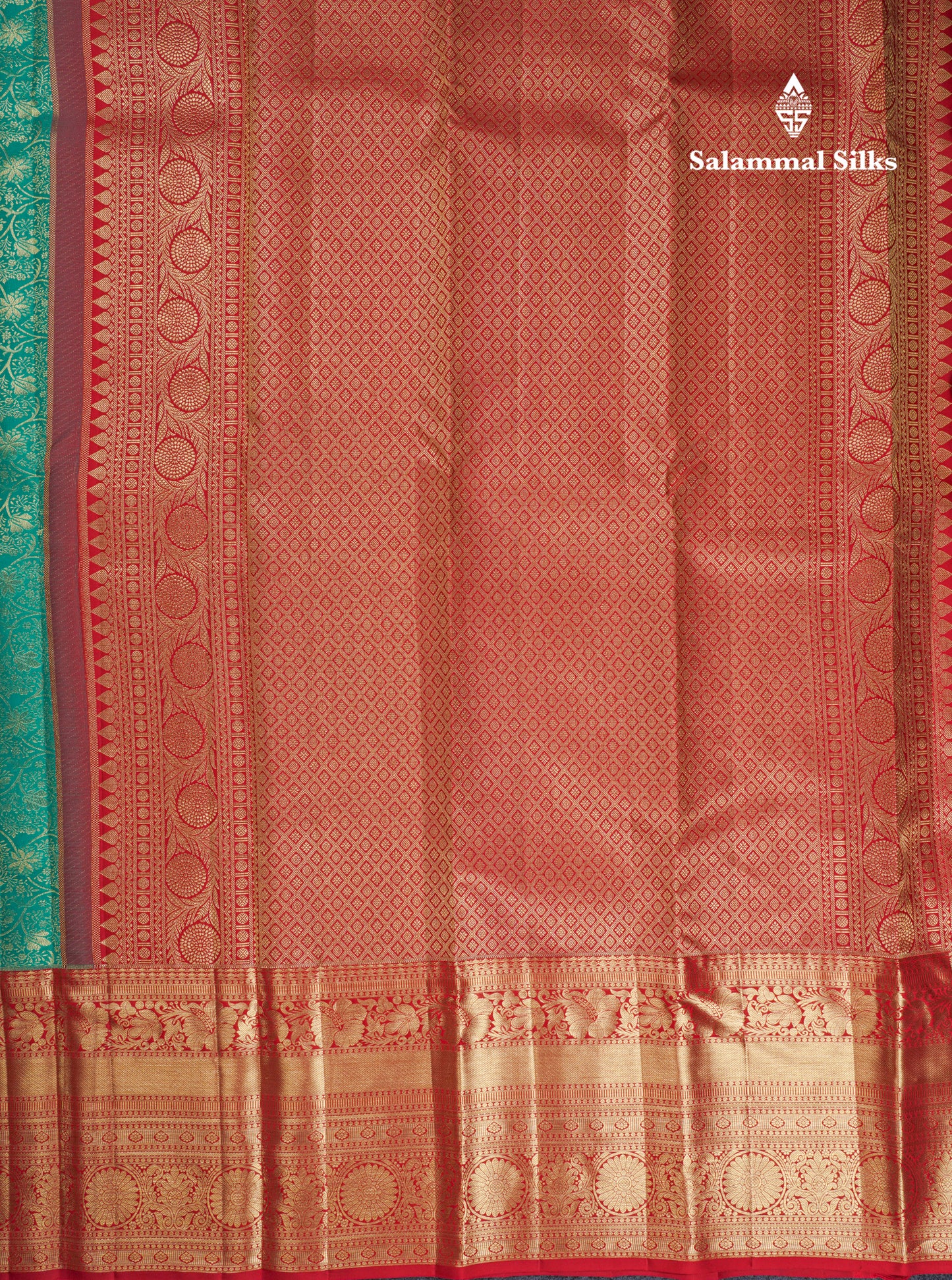 Beautiful Sapphire Green Bridal Pure Kanjivaram Silk Saree With Contrast Chilly Red Traditional Evening Morning Border