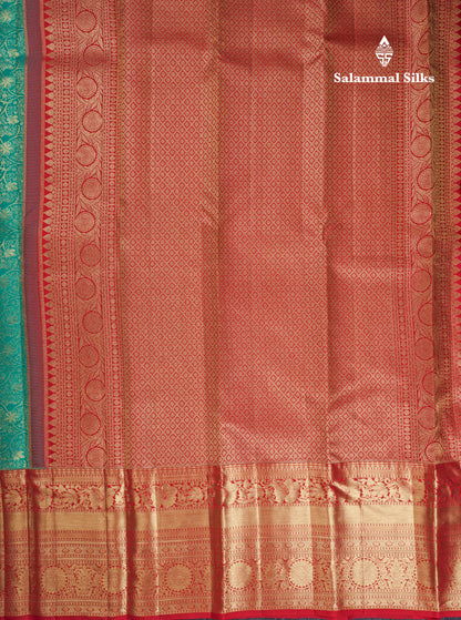 Beautiful Sapphire Green Bridal Pure Kanjivaram Silk Saree With Contrast Chilly Red Traditional Evening Morning Border