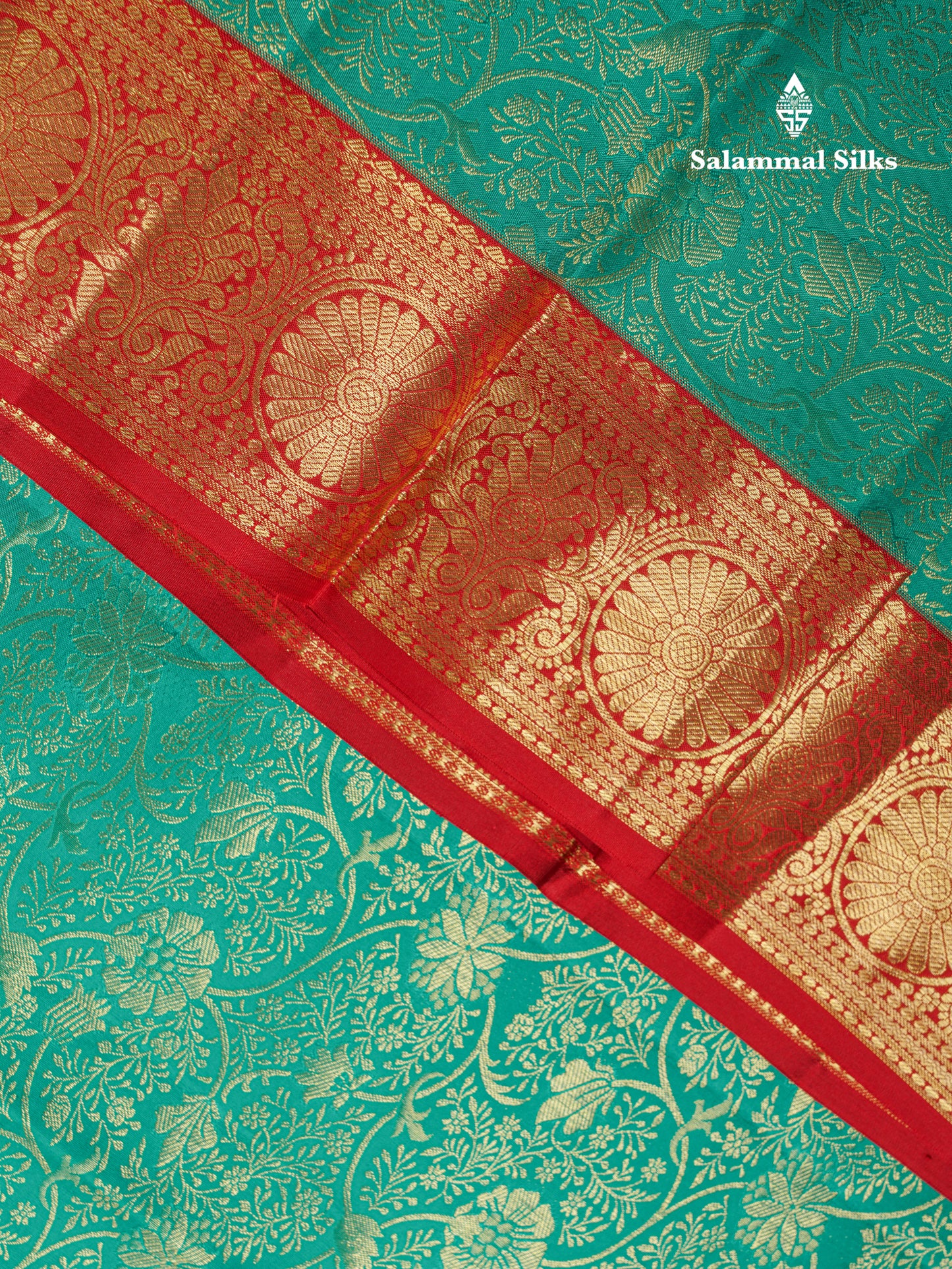 Beautiful Sapphire Green Bridal Pure Kanjivaram Silk Saree With Contrast Chilly Red Traditional Evening Morning Border