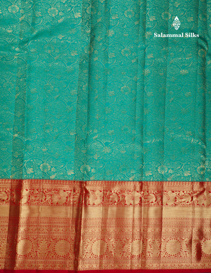 Beautiful Sapphire Green Bridal Pure Kanjivaram Silk Saree With Contrast Chilly Red Traditional Evening Morning Border