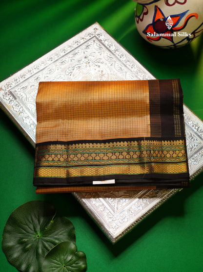 Beautiful Chocolate Small Check Pure Silk Cotton Saree With Contrast Dark Brown Traditional Border