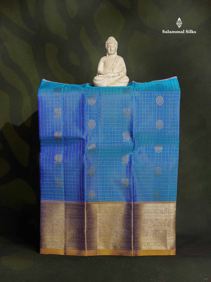 Pure Silk Pattu Pavadai - Dual Tone Peacock Blue Colour Body Traditional Butta With Checks | 0-2 Years