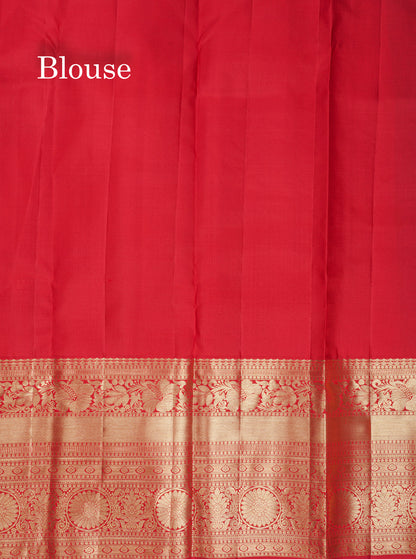Beautiful Sapphire Green Bridal Pure Kanjivaram Silk Saree With Contrast Chilly Red Traditional Evening Morning Border