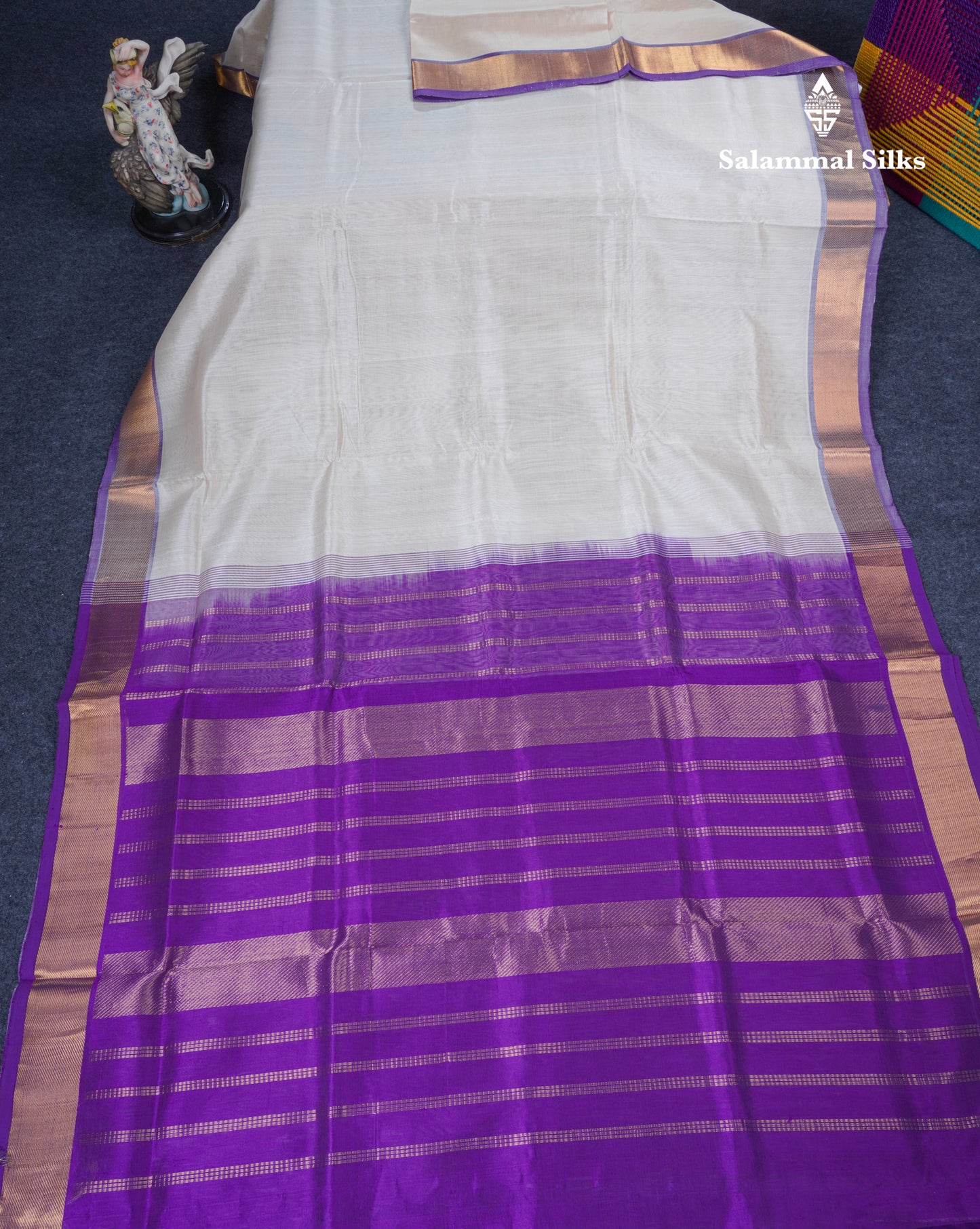 Half White Plain Pure Silk Cotton Saree With Contrast Purple Blouse