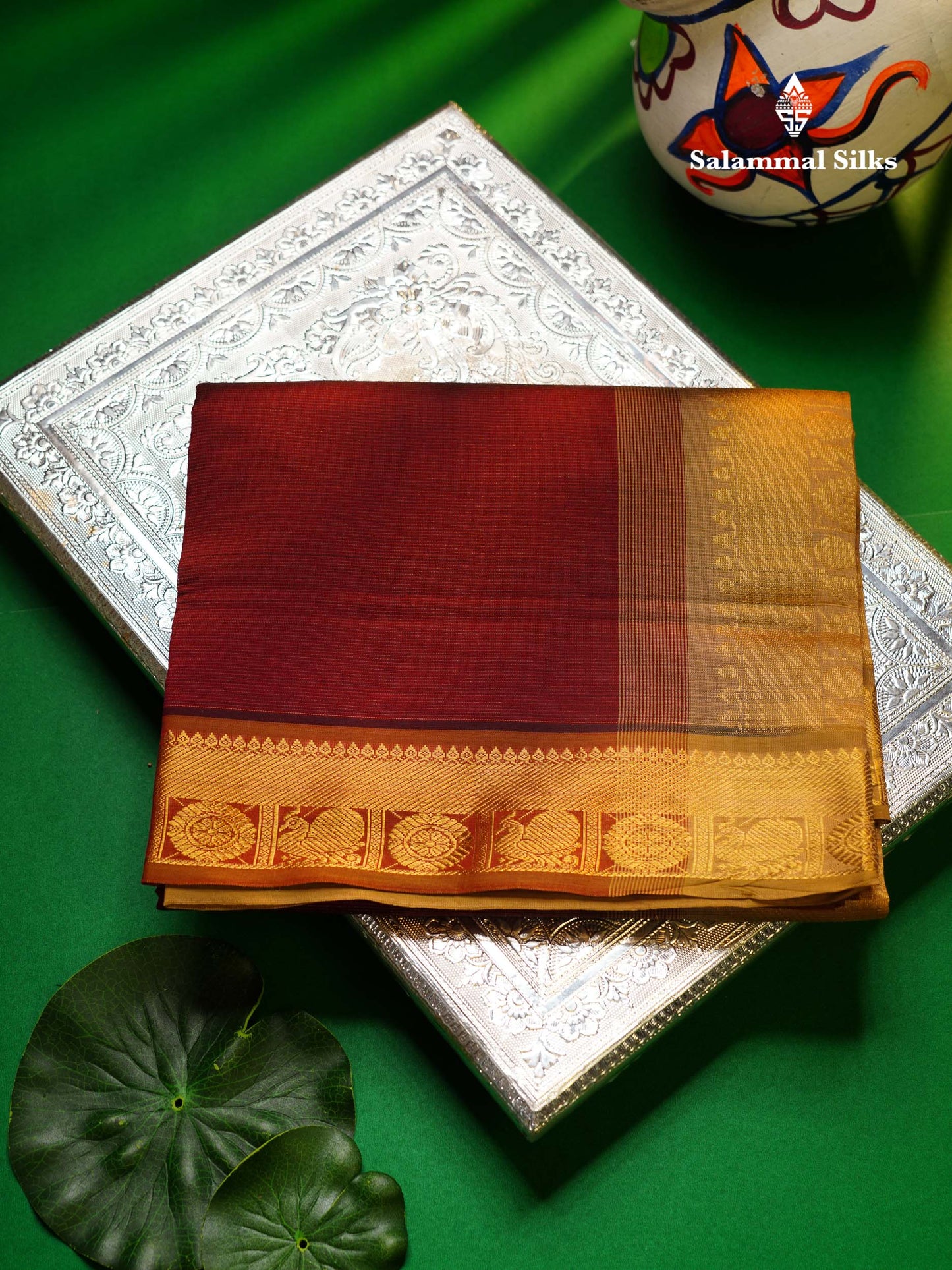 Beautiful Dark Maroon Vaira Oosi Lines Semi Silk Cotton Saree With Contrast Sandal Blouse