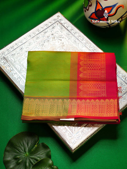 Beautiful Parrot Green Vaira Oosi Lines Semi Silk Cotton Saree With Contrast Pink Blouse