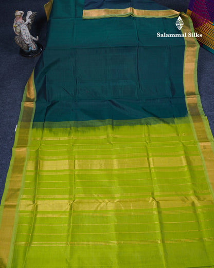 Bottle Green Plain Pure Silk Cotton Saree With Contrast Parrot Green Blouse