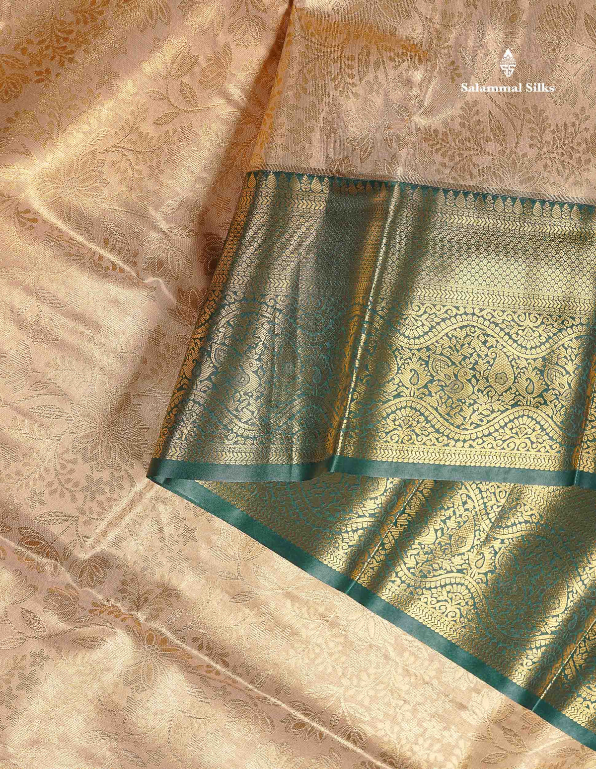 Tissue Bridal Semi Silk Saree - Beige Colour Body With Contrast Bottle Green Border