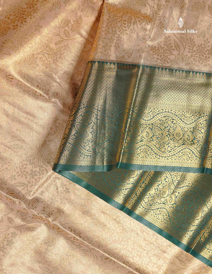Tissue Bridal Semi Silk Saree - Beige Colour Body With Contrast Bottle Green Border