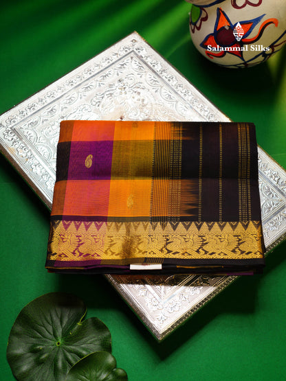 Beautiful Paalum Pazham Checks Pure Silk Cotton Saree With Contrast Dark Purple Blouse