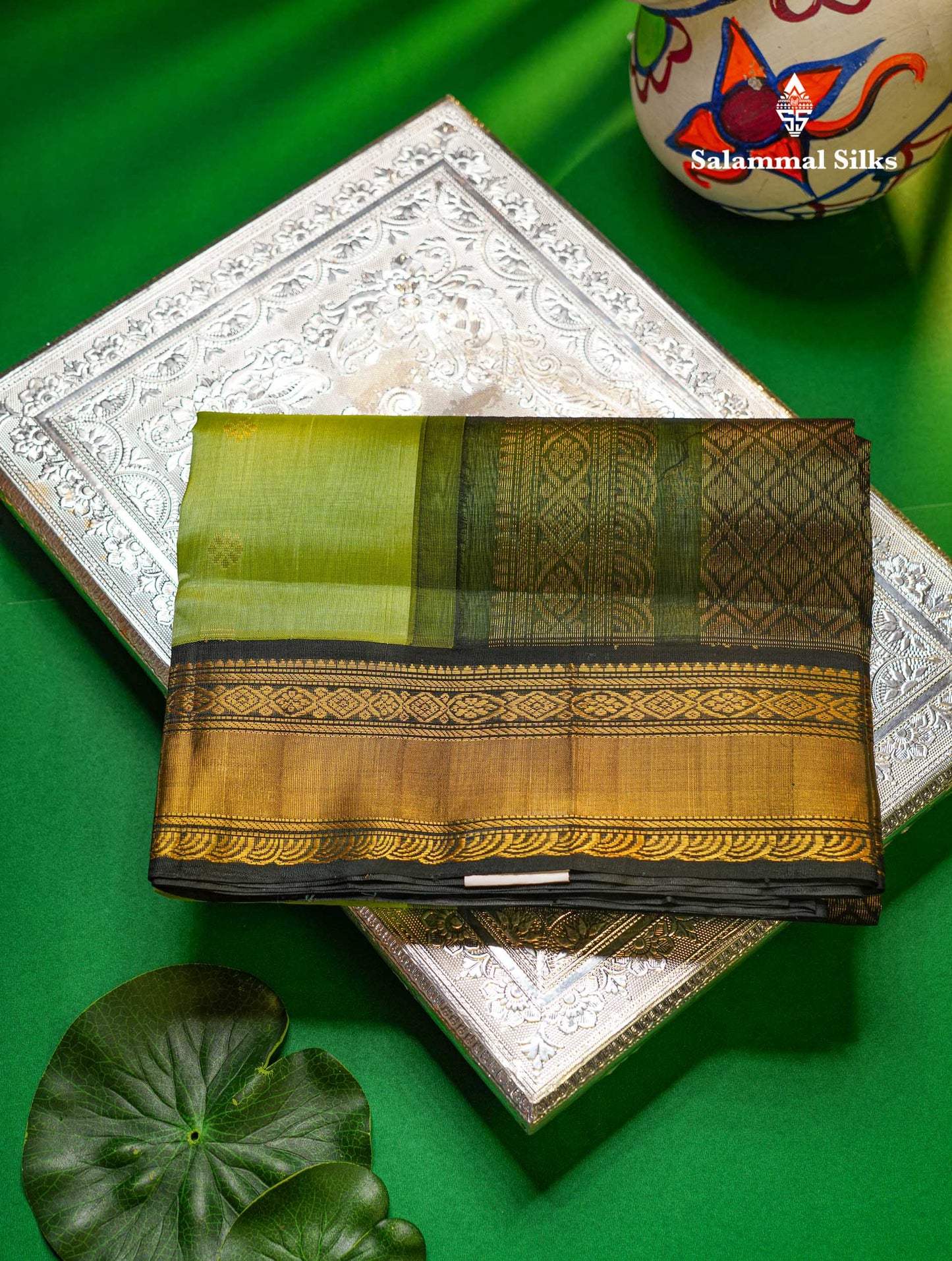 Beautiful Pista Green Pure Silk Cotton Saree With Contrast Dark Bottle Green Traditional Border