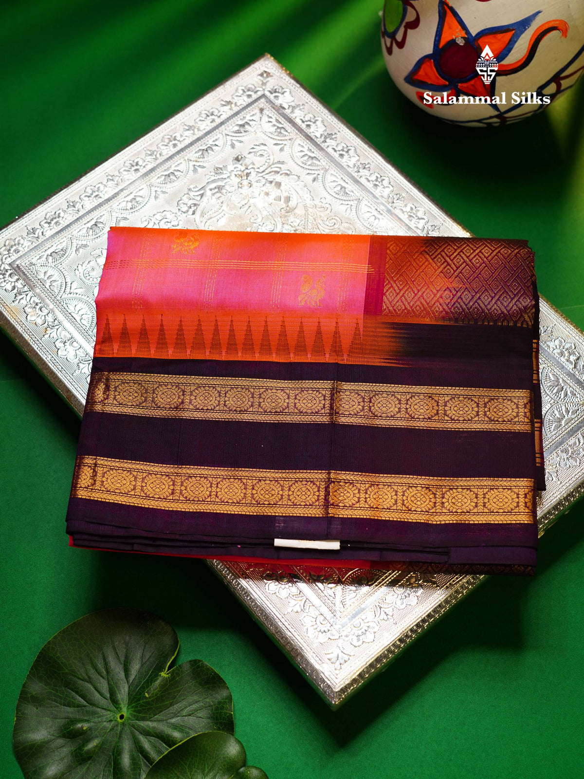Beautiful Dual Tone Pink Zari Checks With Peacock Butta Pure Silk Cotton Saree With Contrast Dark Purple Traditional Gap Border