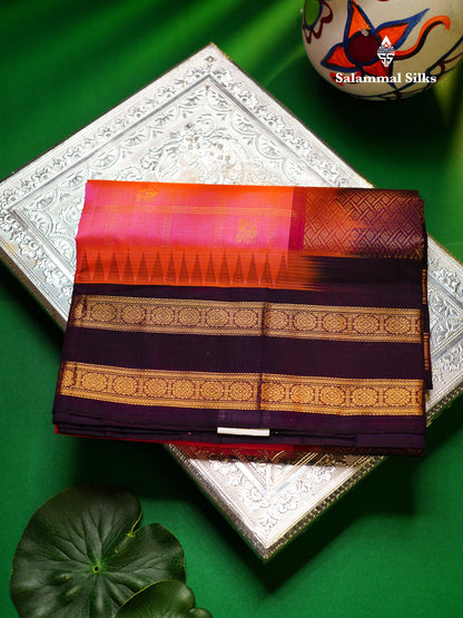 Beautiful Dual Tone Pink Zari Checks With Peacock Butta Pure Silk Cotton Saree With Contrast Dark Purple Traditional Gap Border