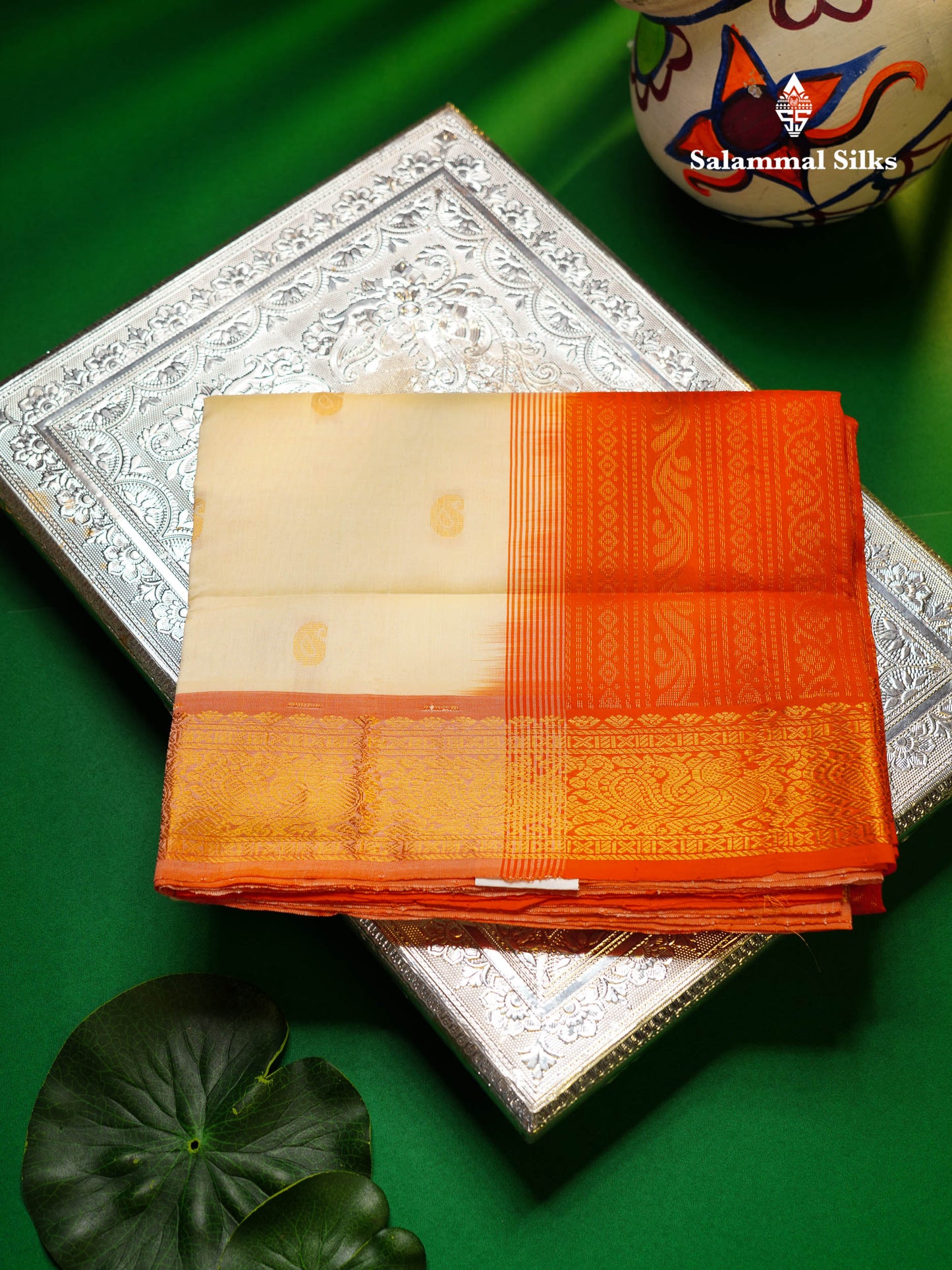 Beautiful Half White Semi Silk Cotton Saree With Contrast Orange Traditional Border