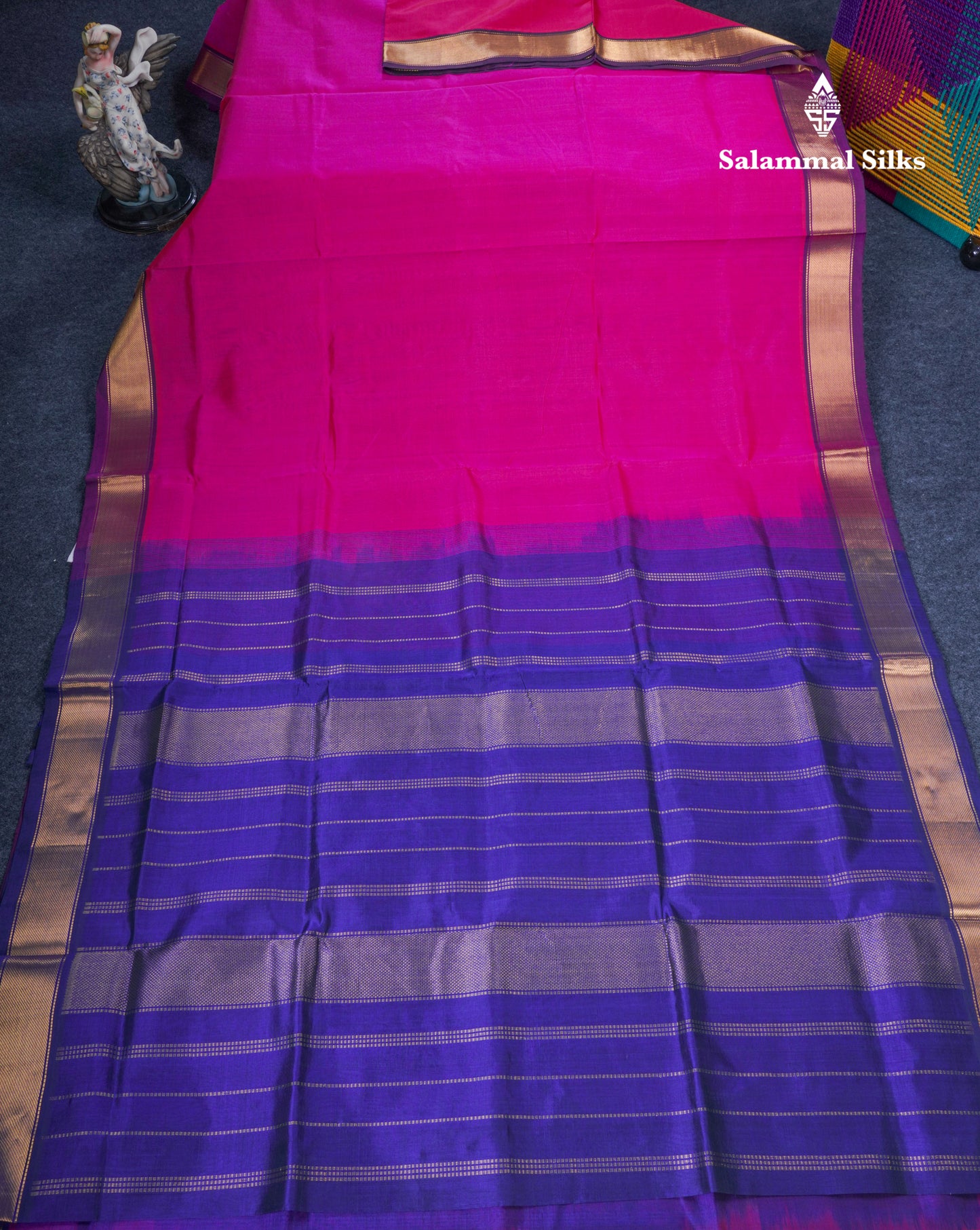 Rani Pink Pure Silk Cotton Saree With Contrast Royal Blue Blouse