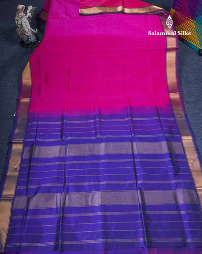 Rani Pink Pure Silk Cotton Saree With Contrast Royal Blue Blouse