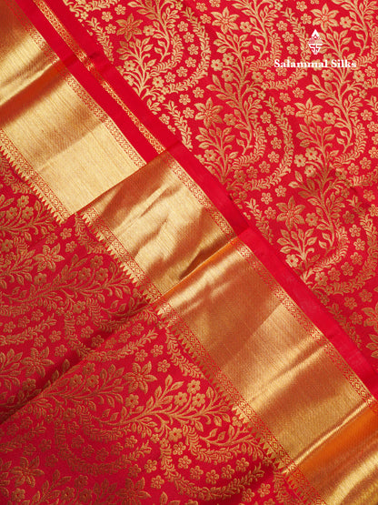 Beautiful Chilly Red Bridal Pure Kanjivaram Silk Saree With Traditional Evening Morning Border