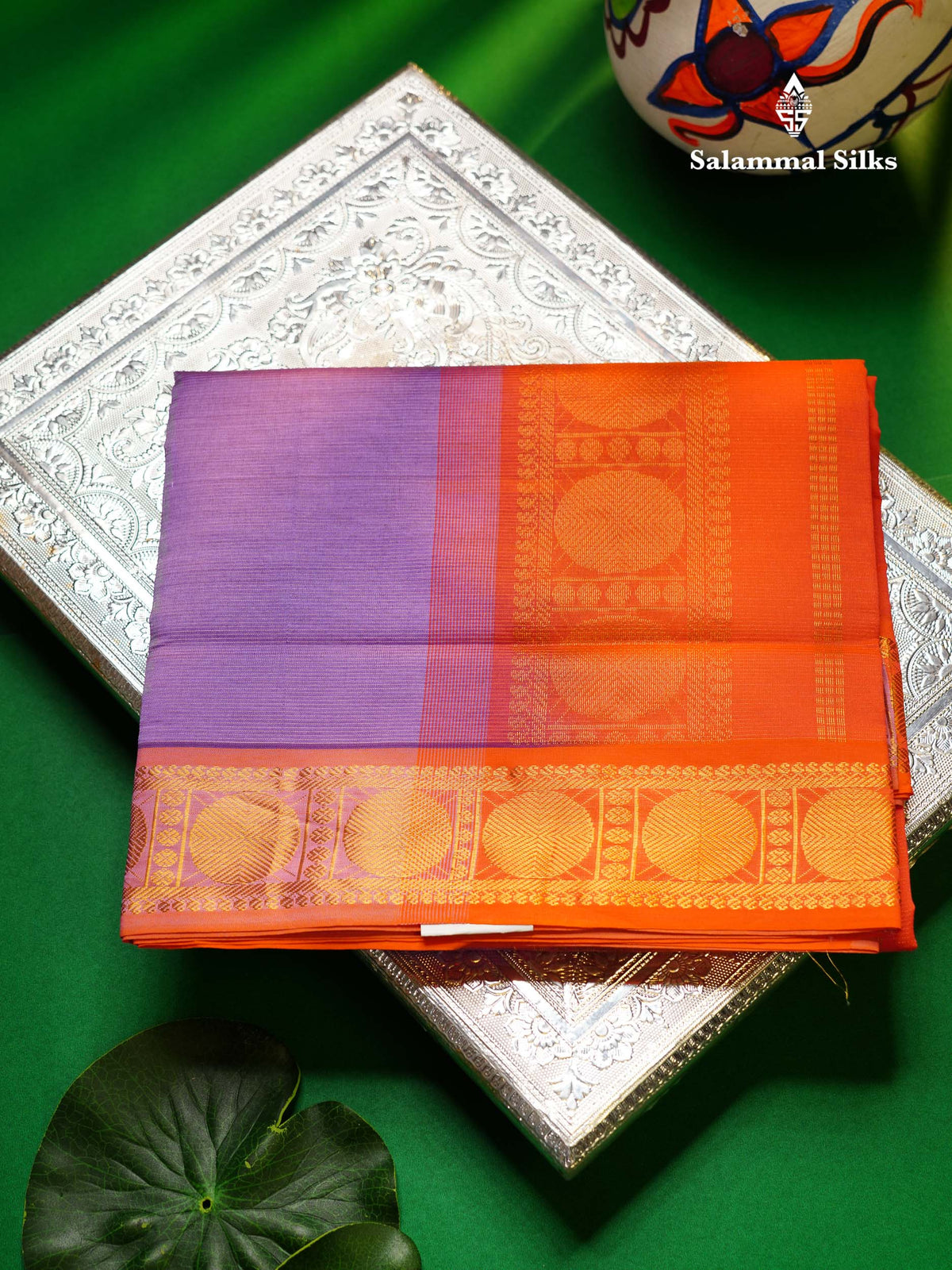 Beautiful Lavender Vaira Oosi Lines Semi Silk Cotton Saree With Contrast Orange Blouse