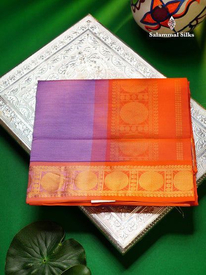 Beautiful Lavender Vaira Oosi Lines Semi Silk Cotton Saree With Contrast Orange Blouse