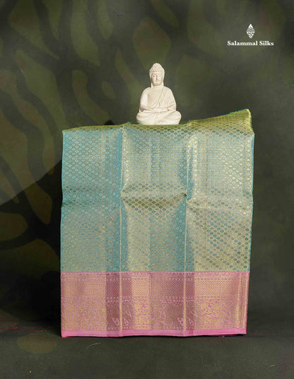 Pure Silk Pattu Pavadai - Sea Blue Colour Body Tissue With Baby Pink Border | 0-2 Years