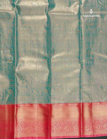 Tissue Bridal Semi Silk Saree - Light Blue Colour Body With Contrast Redish Pink Border