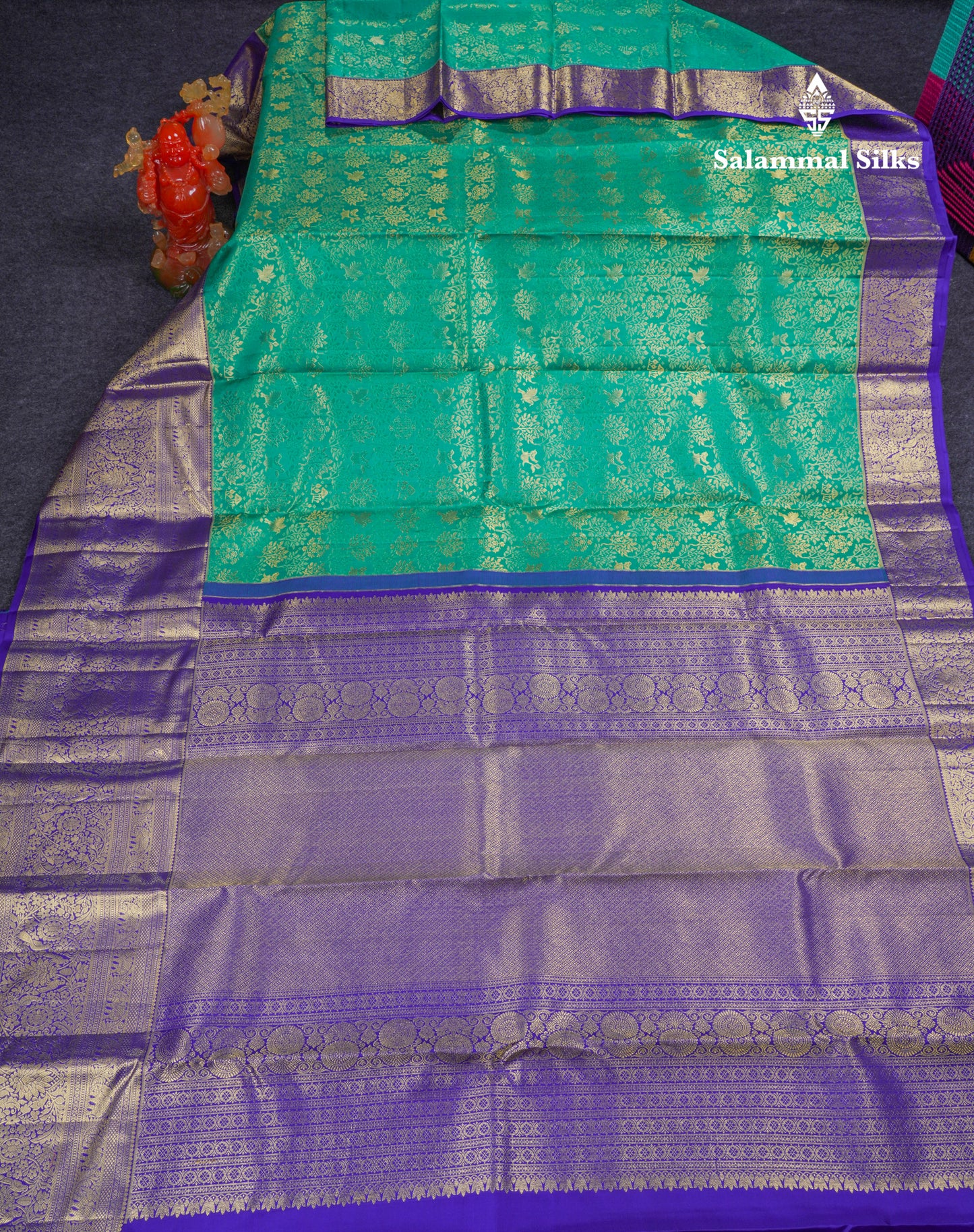 Beautiful Sapphire Green Bridal Pure Kanjivaram Silk Saree With Contrast Royal Blue Traditional Evening Morning Border